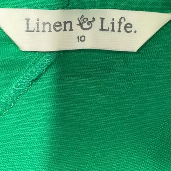 Linen & Life Green Linen Babydoll Mini Dress Size 10 Bow Straps Tropical Luxury - Picture 3 of 9